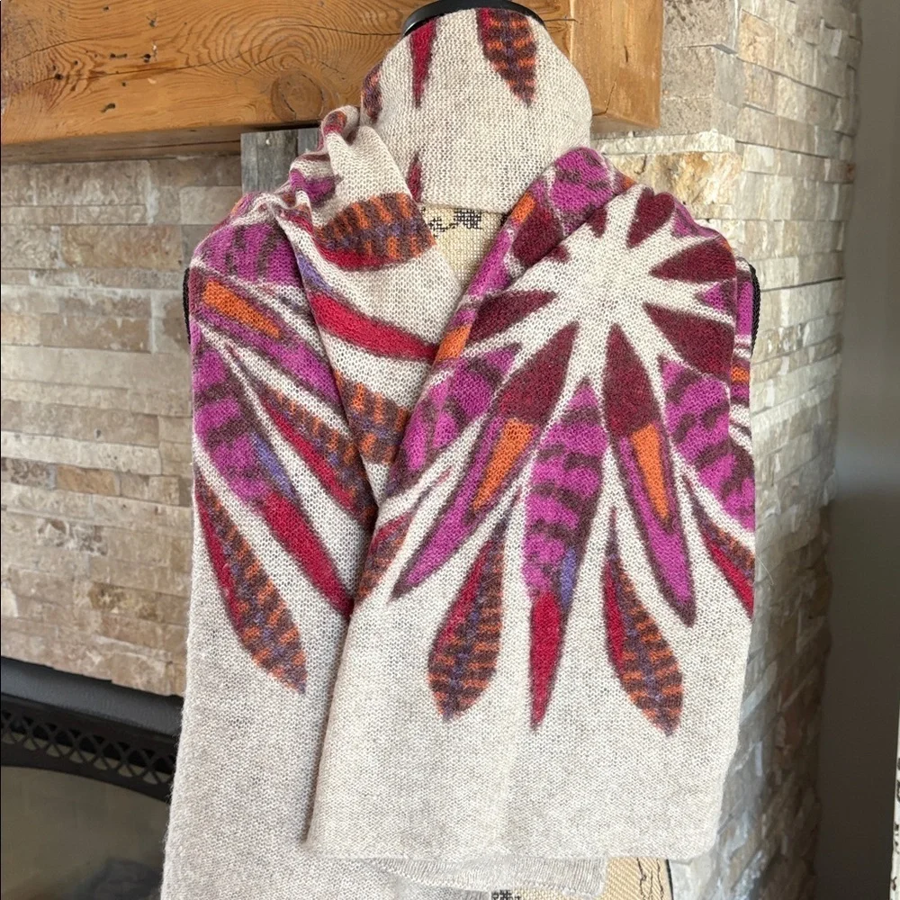 Pistil tan scarf wrap with colorful purple orange brown floral sunburst design